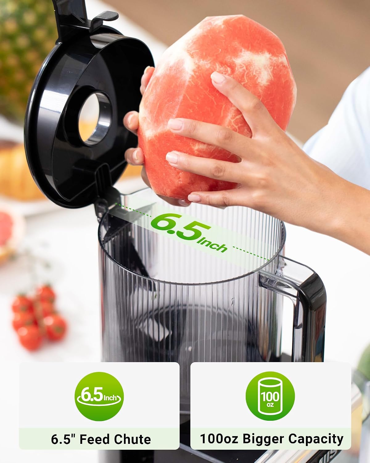 Cold Press Juicer Machine, 6.5' Large Feed Chute Masticating Extractor, Easy to Clean for Whole Fruits & Vegetables, High Yield