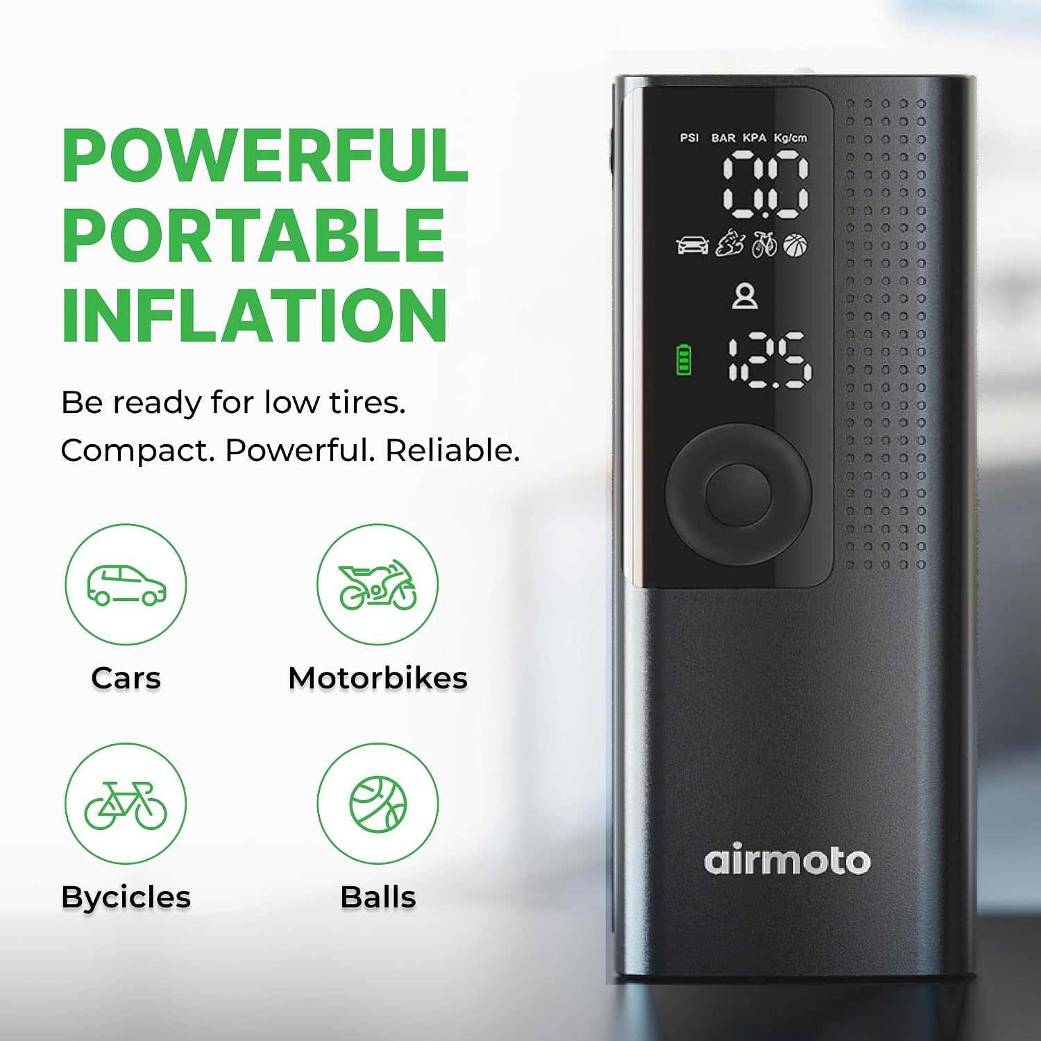 Airmoto Tire Inflator Portable Air Compressor - Air Pump for Car Tires with Digital Pressure Gauge, LED Light and Auto Shut-Off Function - Cordless Pump for Car, Motorcycle, Bicycle, Ball (Pack of 4)