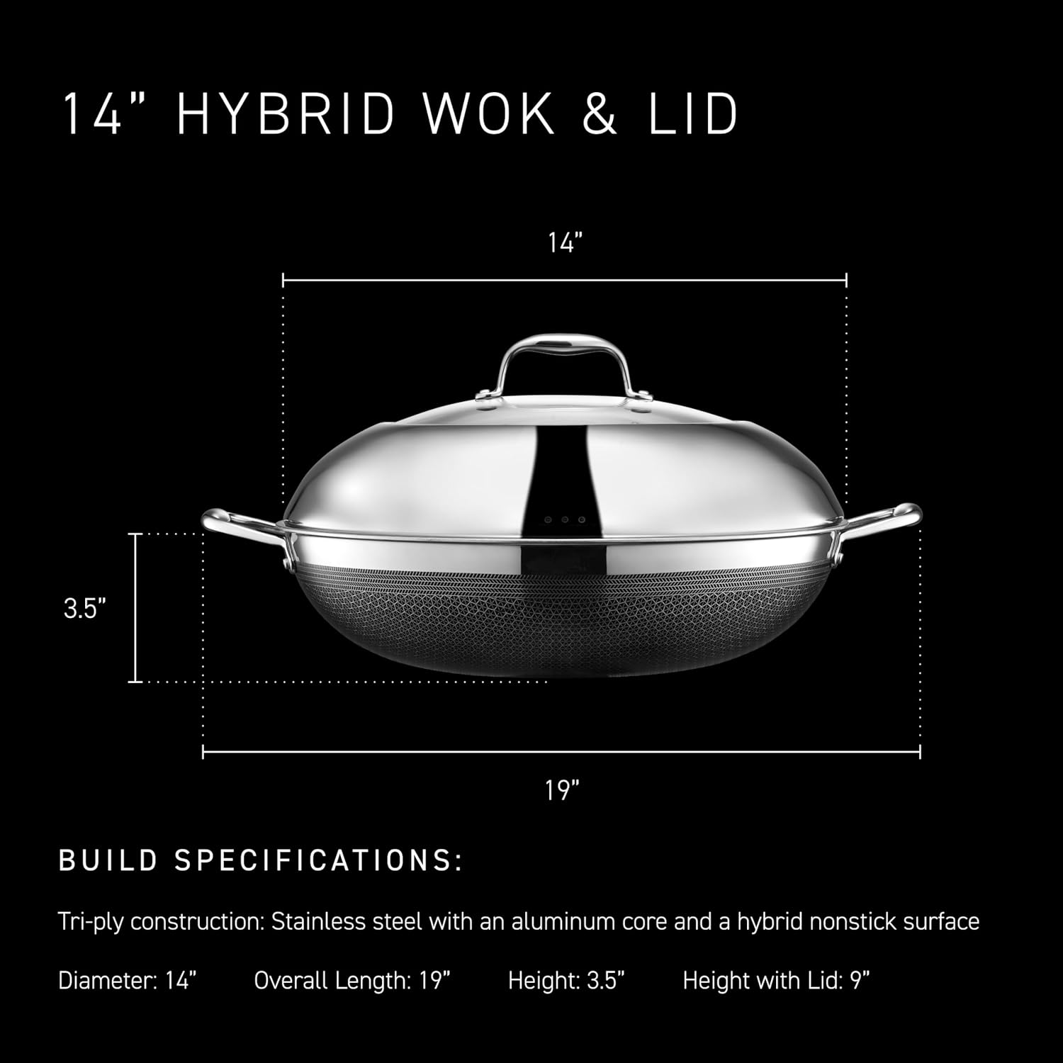 HexClad Hybrid Nonstick 14-Inch Wok with Stainless Steel Lid, Stay-Cool Handles, Dishwasher-Friendly, Oven-Safe Up to 900°F, Induction Ready, Compatible with All Cooktops