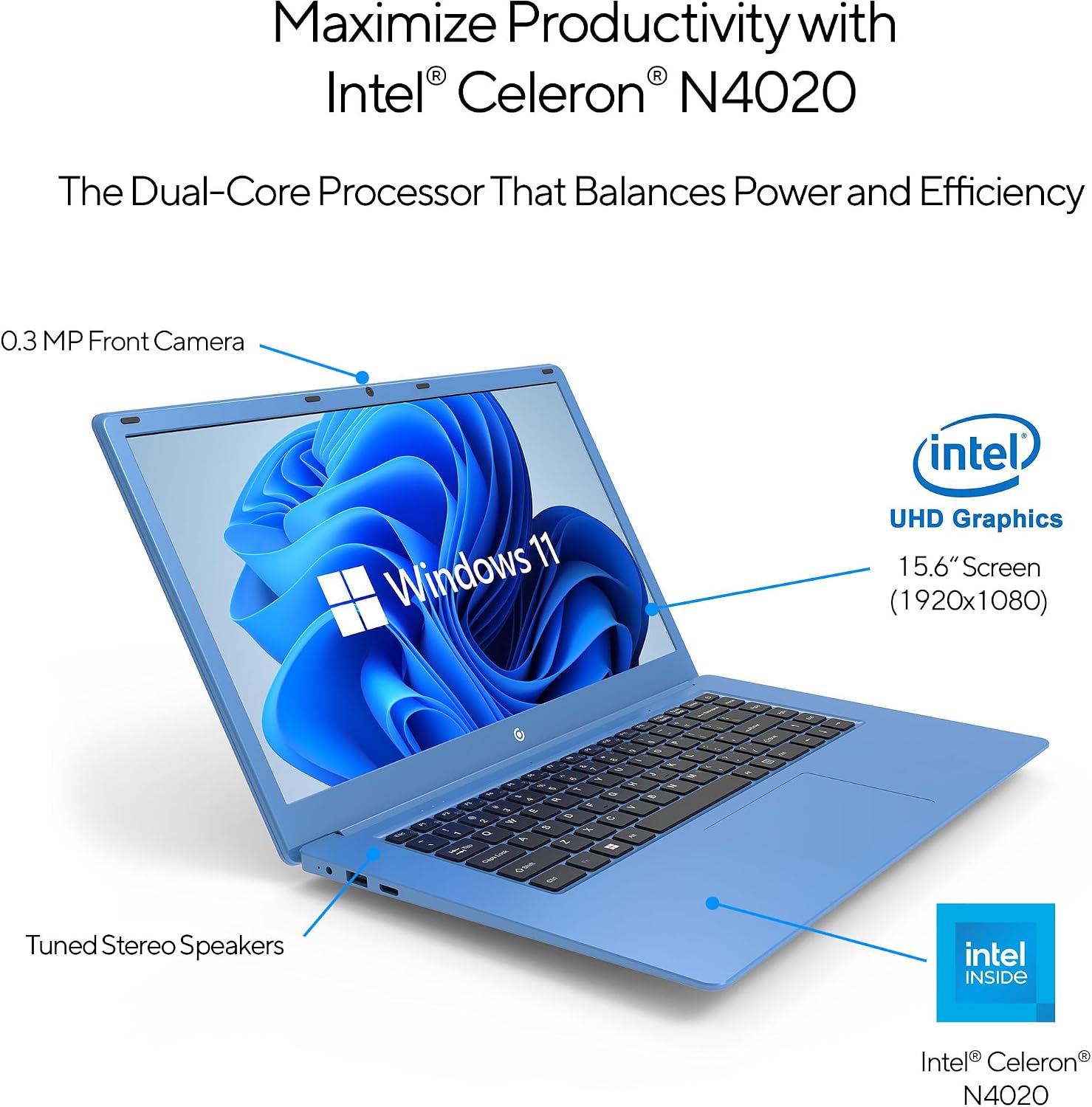 15.6″ Full HD Laptop – Intel Celeron N4020, 4 GB RAM, 64 GB SSD, Windows 11, Dual USB, Mini HDMI, Lightweight & Budget-Friendly - Blue