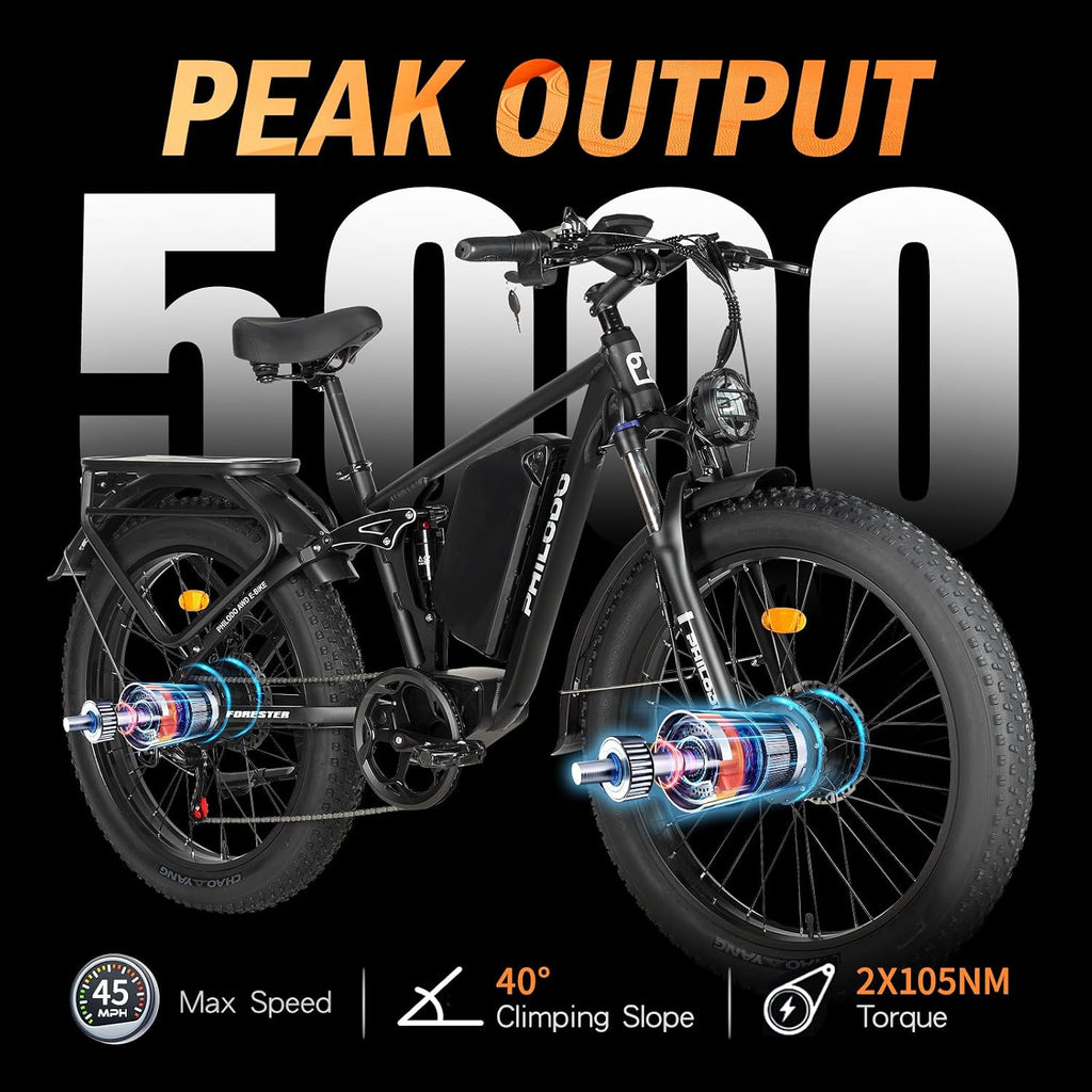 5000w Dual Motor Electric Bicycles, 60V Battery E-Bike with 45 MiIe P-Hour Electric Bike for Adults, 26 Fat Tire Hunting Ebike for All Terrain, Full Suspension Electric Ebike