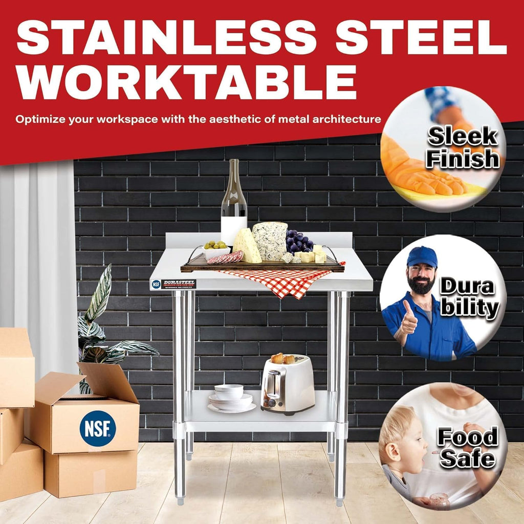 DuraSteel NSF Stainless Steel Table - 24 x 30 Inch Metal Work Table w/Undershelf - Commercial Kitchen, Restaurant, Garage, Laundry - Outdoor Stainless Steel Prep Tables Countertop Island Grill Small