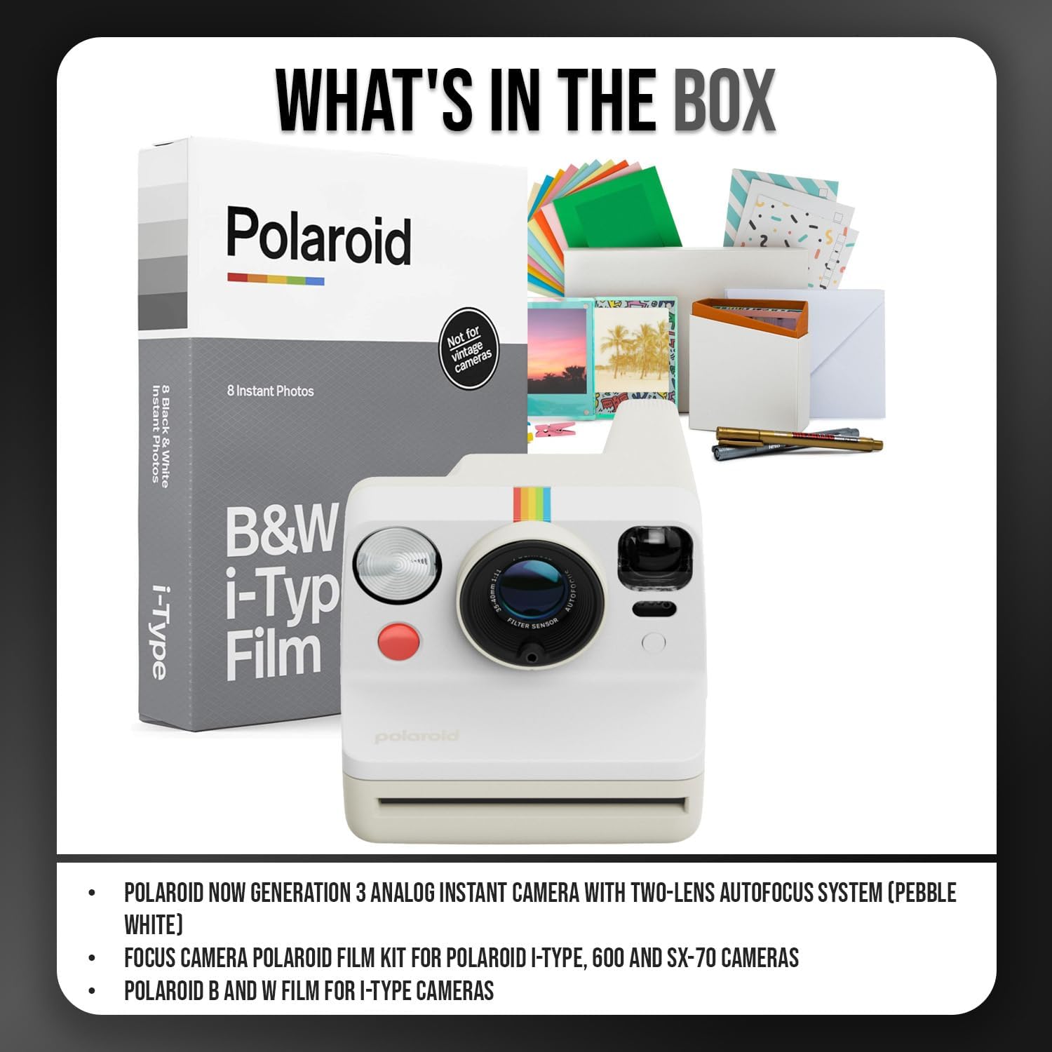 Polaroid Now Generation 3 Analog Instant Camera with Two-Lens Autofocus System (Pebble White) Bundle with Film Kit and Polaroid B and W Film for i-Type Cameras (3 Items)