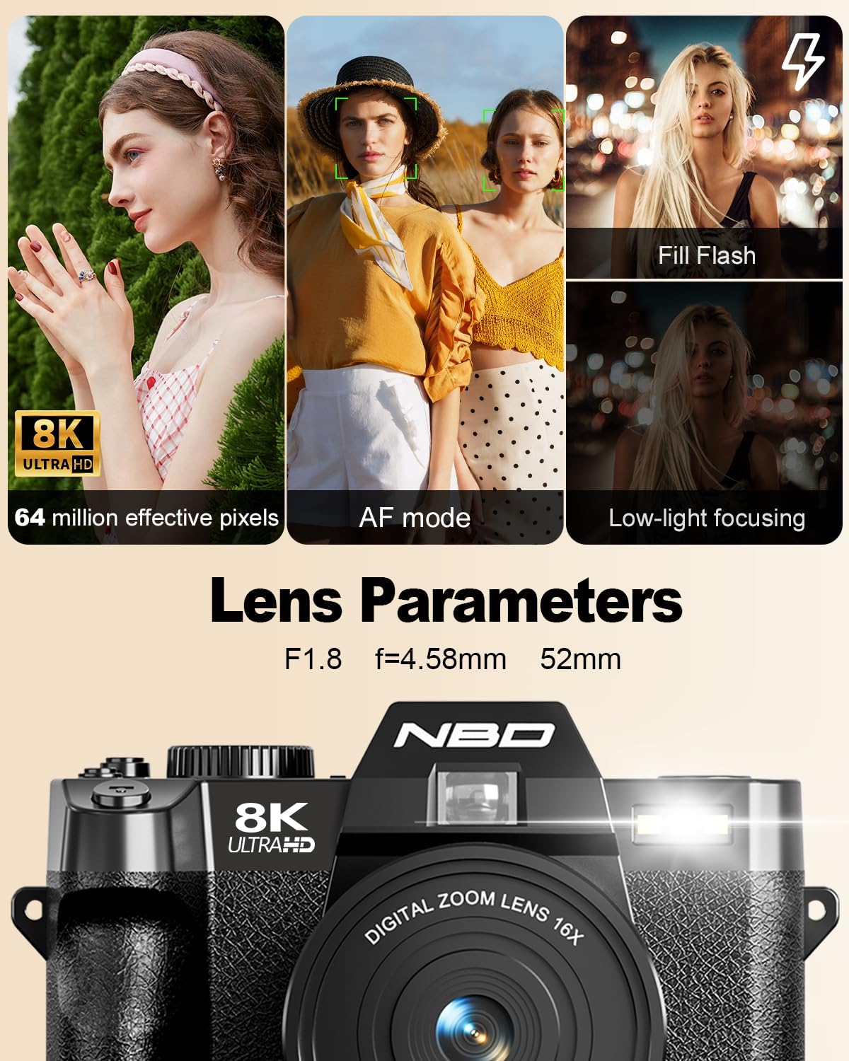 NBD 8K Digital Cameras for Photography,64MP Camara Fotograficas,Travel Vlogging Cameras for YouTube with 180°Flip Screen,16X Digital Zoom,52mm Macro Lens,2 Batteries,64GB TF Card(Black)