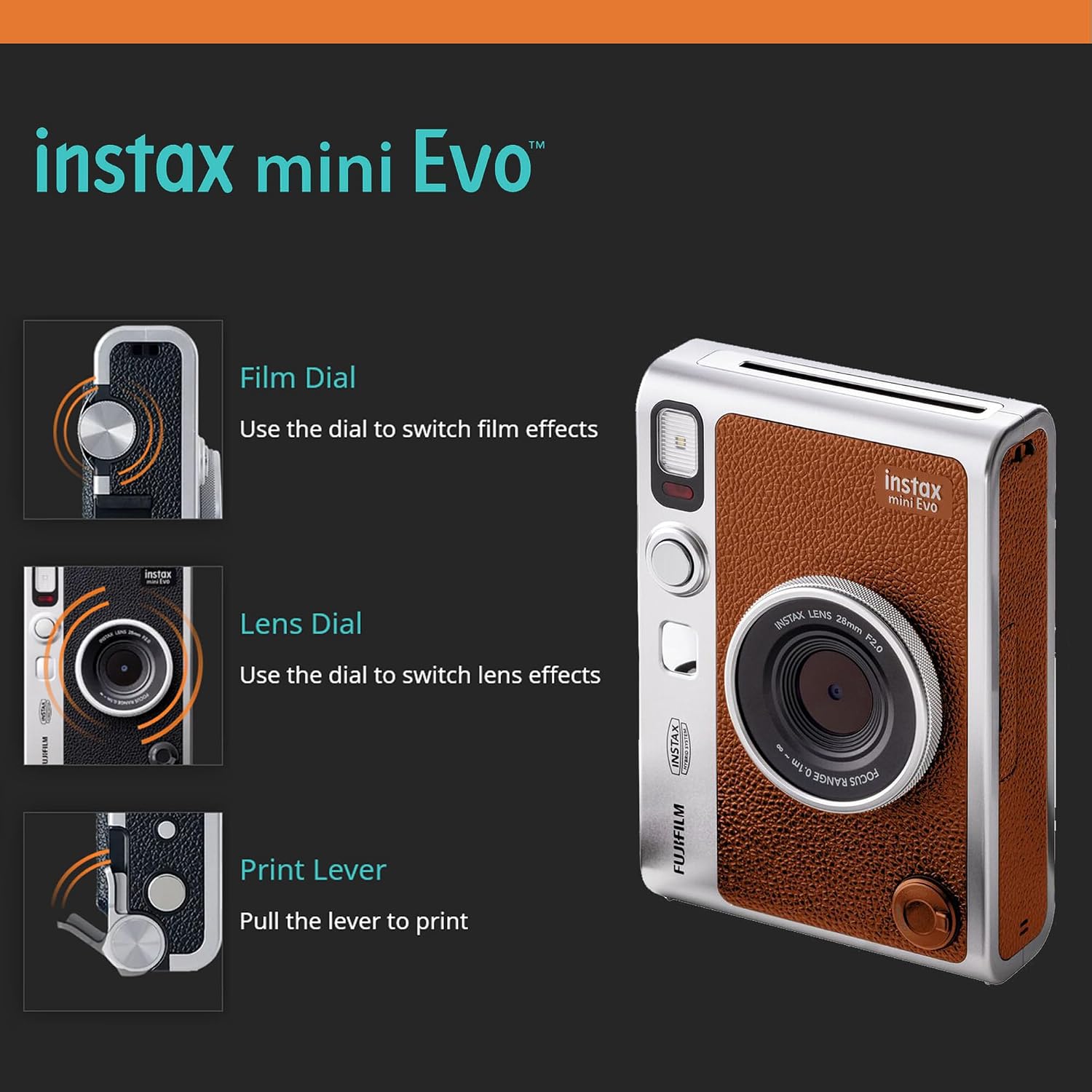 Fujifilm Instax Mini EVO Hybrid Brown Instant Camera Bundle with Case Compatible with Fujifilm Instax Mini EVO + Fujifilm Instax Mini Twin Pack Instant Film (16437396)