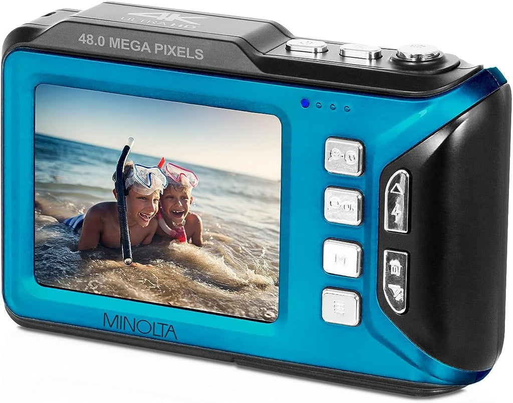 Minolta Waterproof Digital Camera - 48MP Photos, 4K UHD Video, Dual LCD Screens, 16ft Waterproof, 16X Zoom, Anti-Shake, Slow Motion, Compact Point-and-Shoot for Travel & Underwater (Blue)