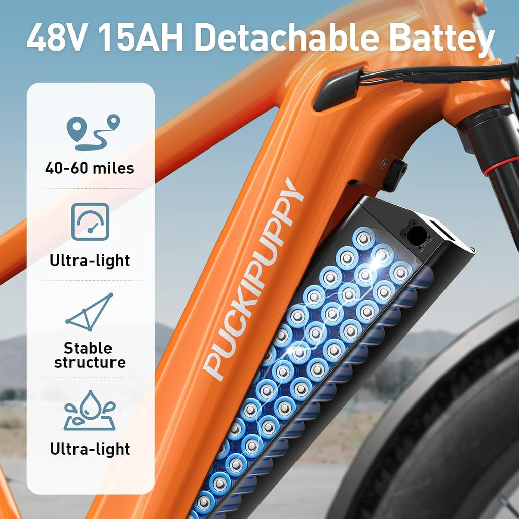 PUCKIPUPPY Electric Bike for Adults with 960W(Peak), 26' Fat Tire Electric Mountain Bike, 48V 15AH Removable Battery Ebike, 28MPH Aluminum Frame E Bike with Rear Storage Shelf