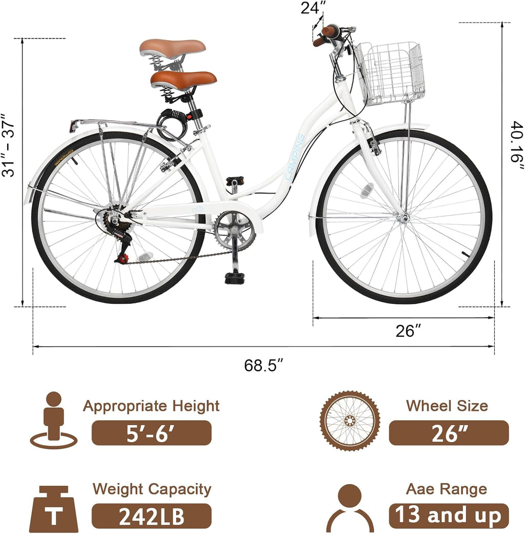 CamPingSurvivals 26' Cruiser Bike Commuter Bike 7 Speed Women's Bicycle Beach Cruiser with Ergonomic Upright Design, Adjustable Saddle, Dual Fenders & V Brake and High Carbon Steel Frame