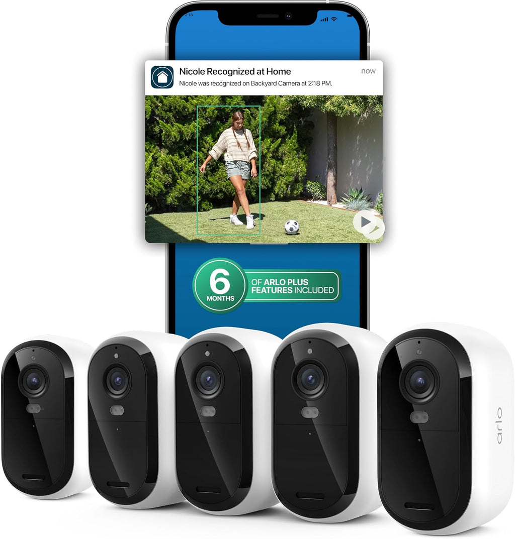Arlo Essential Security Camera 2K (3rd Gen, 2025 Release) 5 Cam + 6 Months of Secure Plus Plan - Wireless Outdoor Camera, Battery Power, Person Recognition, Package Detection, Animated Preview, White