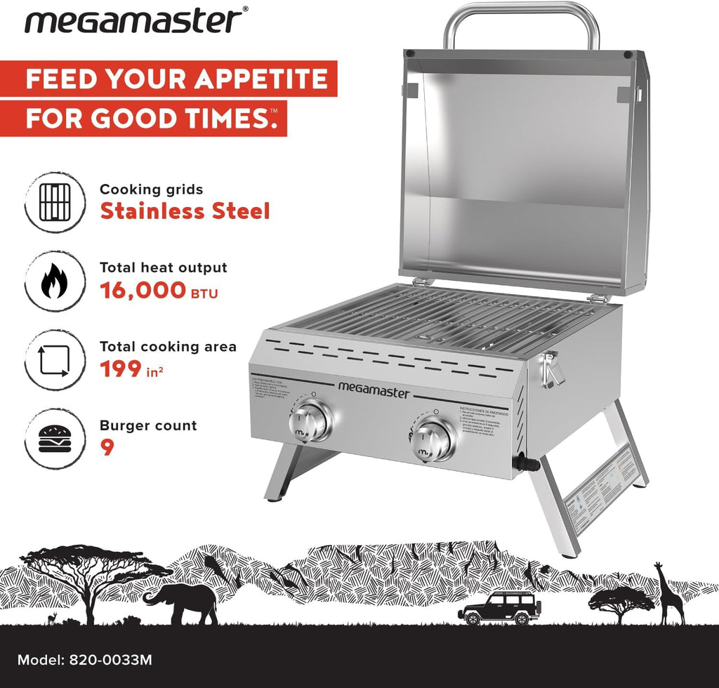 Megamaster 2-Burner Stainless Steel Portable Gas Grill with Built-In Lid, 16,000 BTUs, Foldable Legs, Small Propane Grill for Outdoor Cooking, Camping, Tailgating, Patios, and More - 820-0033M