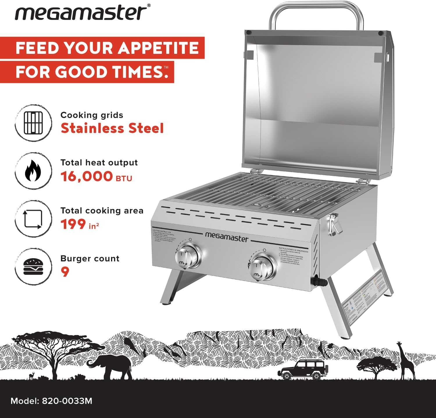 Megamaster 2-Burner Stainless Steel Portable Gas Grill with Built-In Lid, 16,000 BTUs, Foldable Legs, Small Propane Grill for Outdoor Cooking, Camping, Tailgating, Patios, and More - 820-0033M