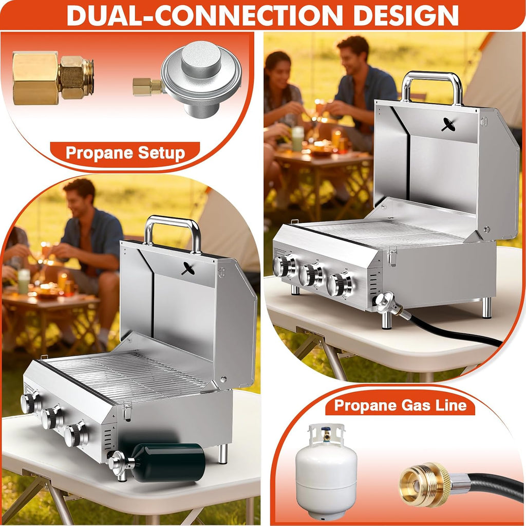 Llamaviva 3 Burner Gas Propane Grill with Dual Fuel Adapter,22500 BTU Stainless Steel Tabletop Portable Grill for Outdoor Barbecue Camping Cooking RV