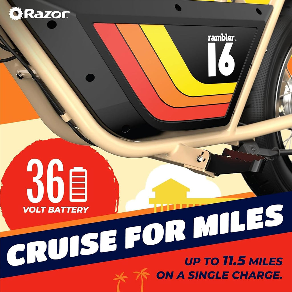 Razor Rambler 16 Electric Retro Mini Bike Ride for Teens Ages 18+, 220 lb Max Weight, Tan – 350W Motor, Up to 15.6 Mph, 45-Min Run Time, Twist-Grip Throttle, Spoked Wheels w/ 16' Pneumatic Tires