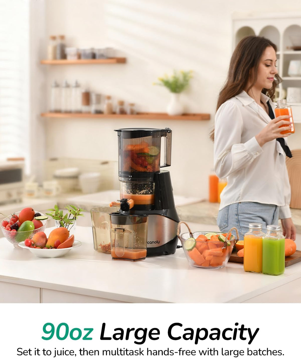 Canoly C09 Cold Press Juicer, 6' Extra Wide Feed Chute, 3-IN-1 Strainers (Juice & Sorbet & Nut Milk), Powerful AC Brushless Motor, Self Precut System, Juicer Machines with BPA-Free (Classic)