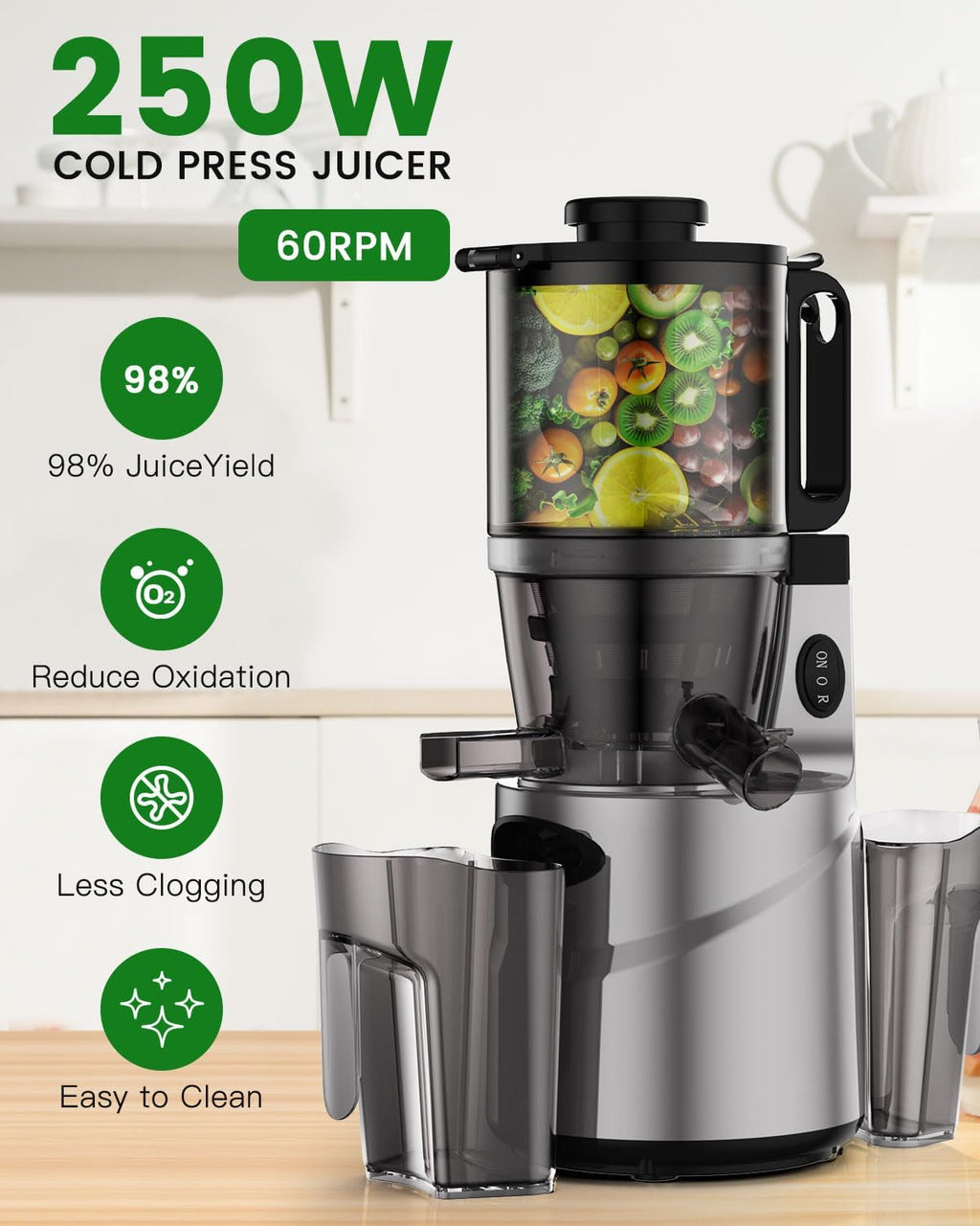Cold Press Juicer - Slow Juicer Machines with 5.5' Feeding Chute, Masticating Juicer Fit Whole Fruits and Vegetables, Auto-cutting Auger, Easy to Clean (silver)