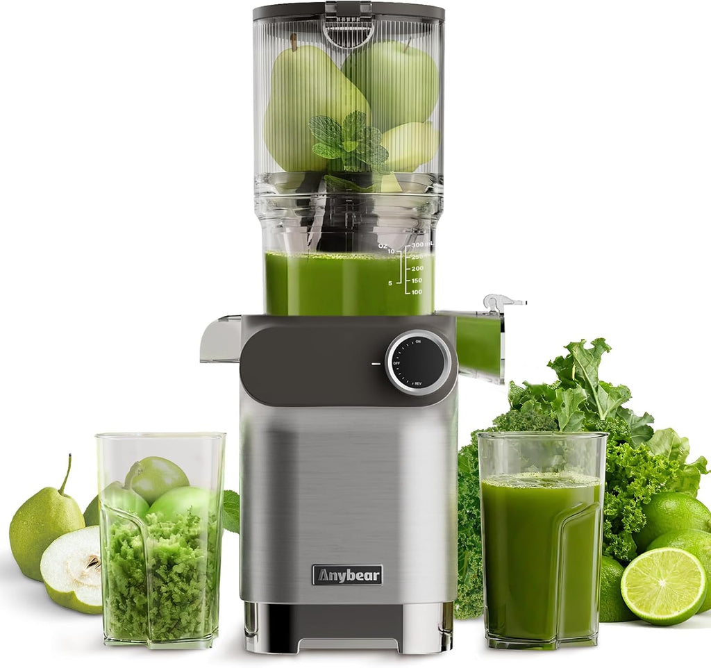 Anybear Slow Juicer, 200W Cold Press Juicer 4.3' Large Feed Chute Fit Whole Fruits Vegetables | Heavy-Duty Auger | Tritan Material | BPA Free | Juice Recipes (Silver Gray)