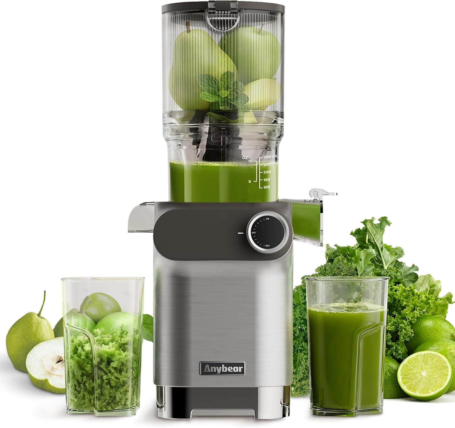 Anybear Slow Juicer, 200W Cold Press Juicer 4.3' Large Feed Chute Fit Whole Fruits Vegetables | Heavy-Duty Auger | Tritan Material | BPA Free | Juice Recipes (Silver Gray)