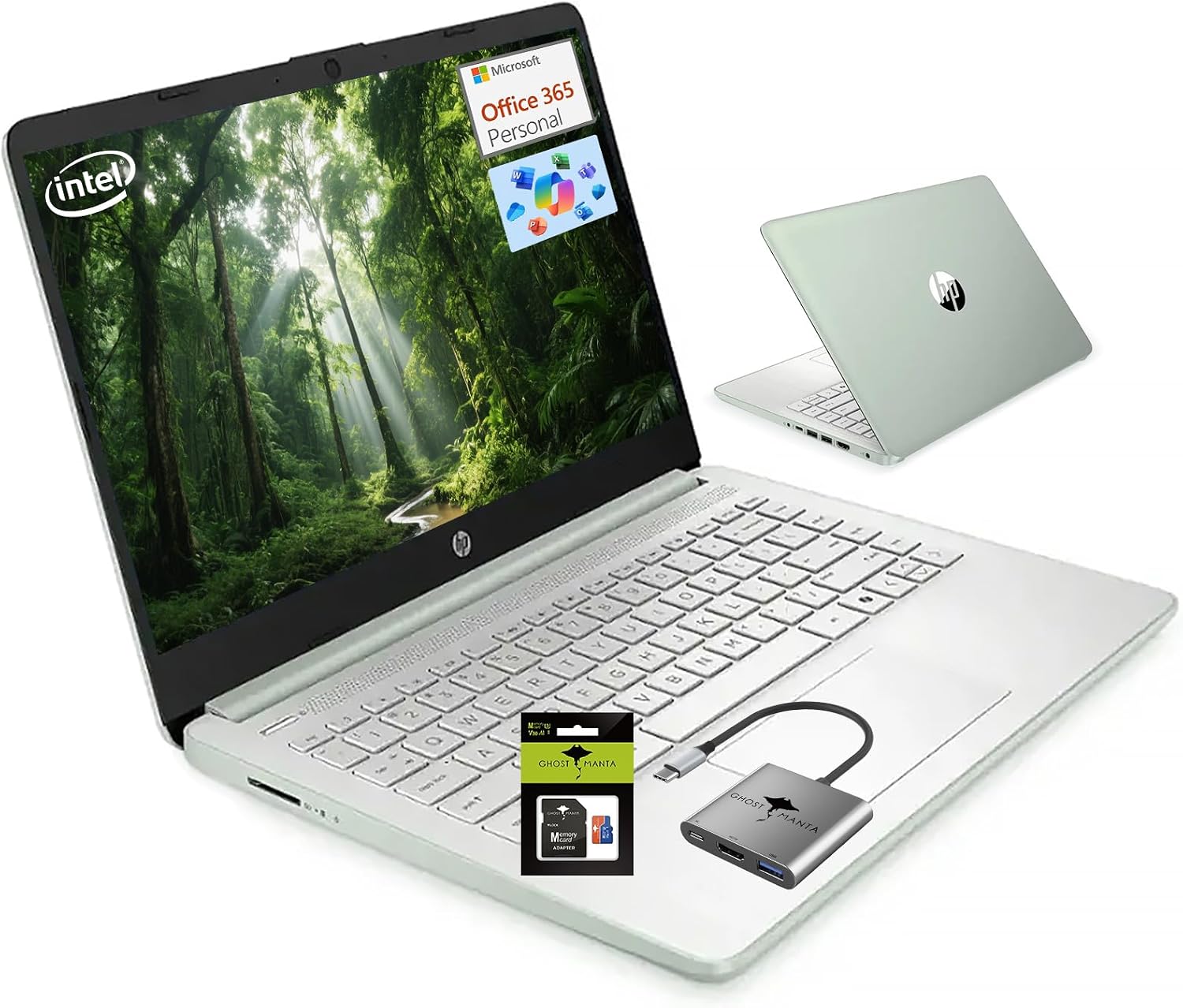HP 14 Student-Laptop Back to School, Quad-Core Processor (Up to 3.6GHz) 8GB RAM 256GB Storage(128GB UFS + 128GB SD Card) Laptops for Student with 1-Year Office 365 Copilot AI Win11, Willow Green