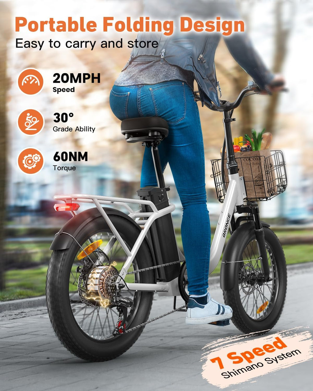 QRONGE Electric Bike, 1000W Peak Folding Electric Bike, 486Wh 70 Miles Range Ebike, 20' Step-Thru Bicycle with Front Basket, Waterproof Removable Battery, 7 Speed, 25 MPH Max