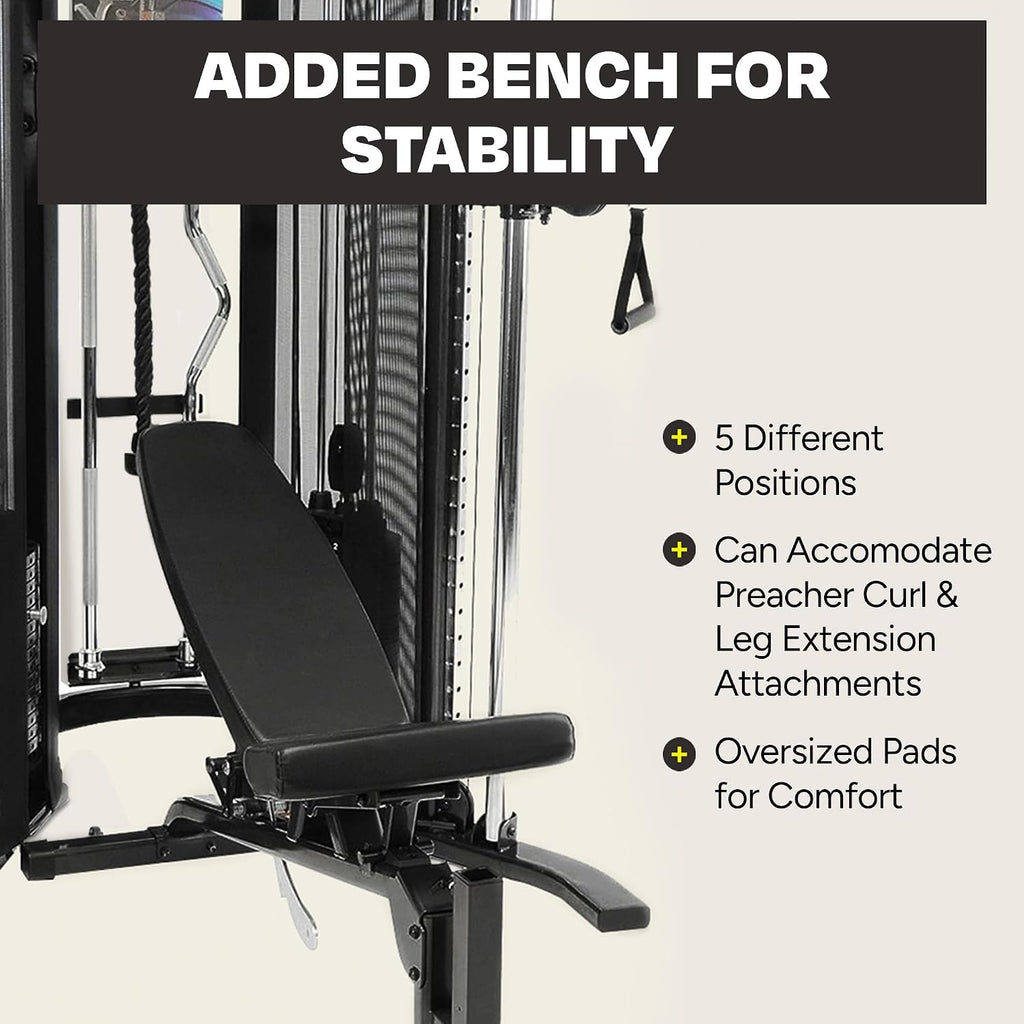 Inspire Fitness FT1 Functional Trainer with Bench - Compact at Home Workout Machine with Accessories - Two 165 lb Weight Stacks - Smooth Glide Cable Machine with Weight Bench