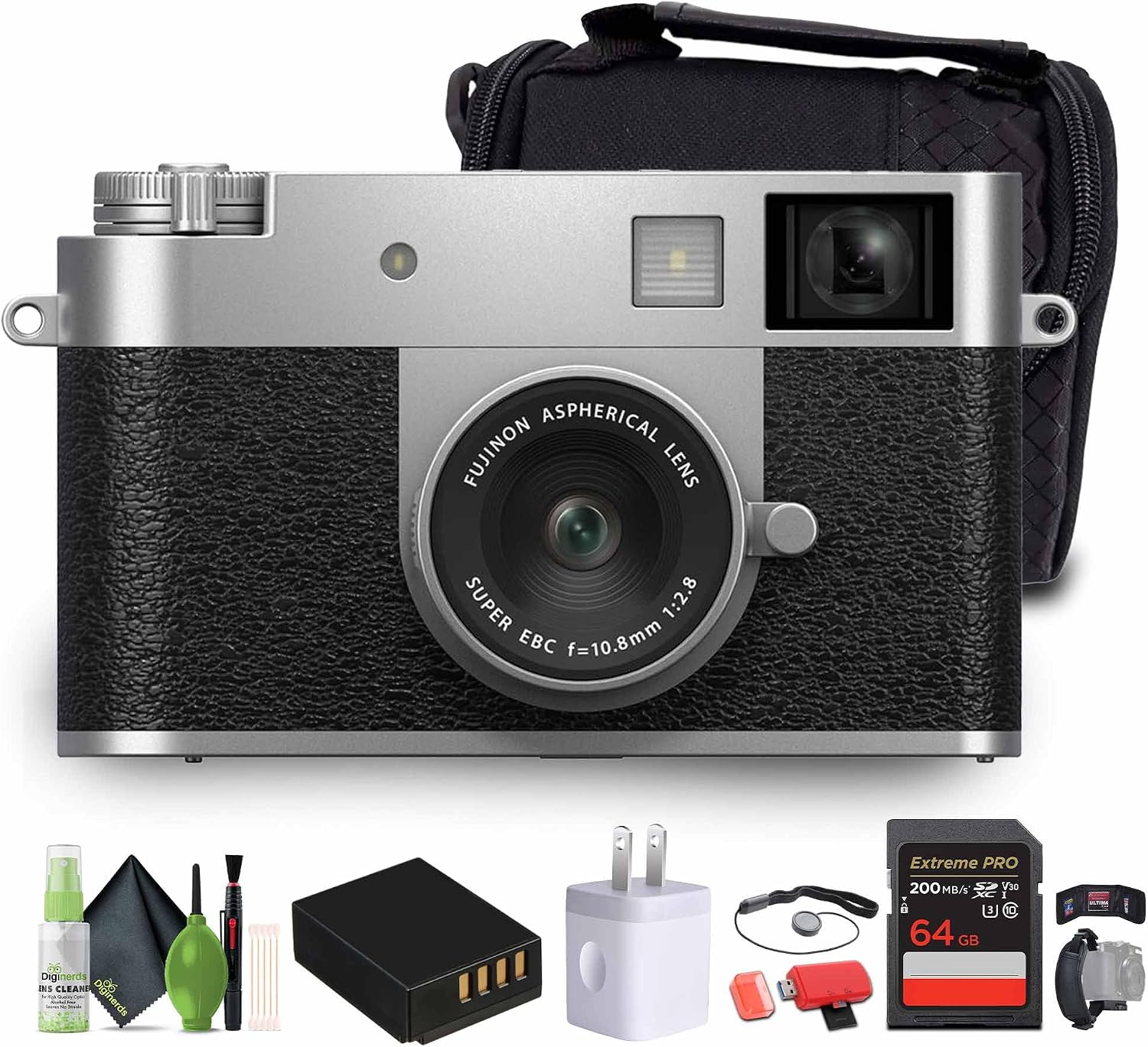 FUJIFILM X Half Premium Compact Digital Camera (Silver) Bundle with Carrying Case + 64GB Memory Card + Lens Cap Keeper + Memory Card Wallet + Hand Strap + More