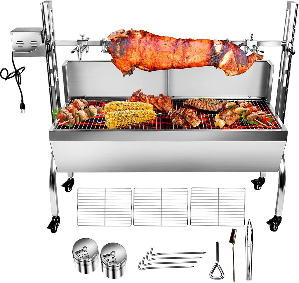176 LBS Rotisserie Grill Stainless Steel Charcoal Spit Roaster, 48.6' Pig Lamb Hooded Roaster Charcoal Spit With 25W Motor & Adjustable Height Lockable Casters For Outdoor Party Barbecue