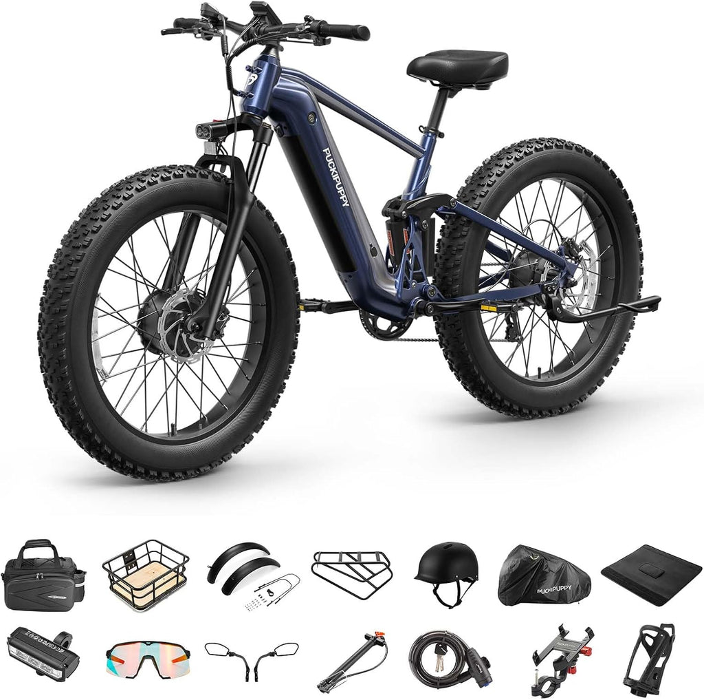 PUCKIPUPPY Dual Motor Electric Bike for Adults 1600W, 48V 20AH Battery with Torque Sensor, Full Suspension, 26' Fat Tire, 28MPH, 80 Mile Range, 8 Speed Mountain Electric Bicycle Golden Retriever Pro