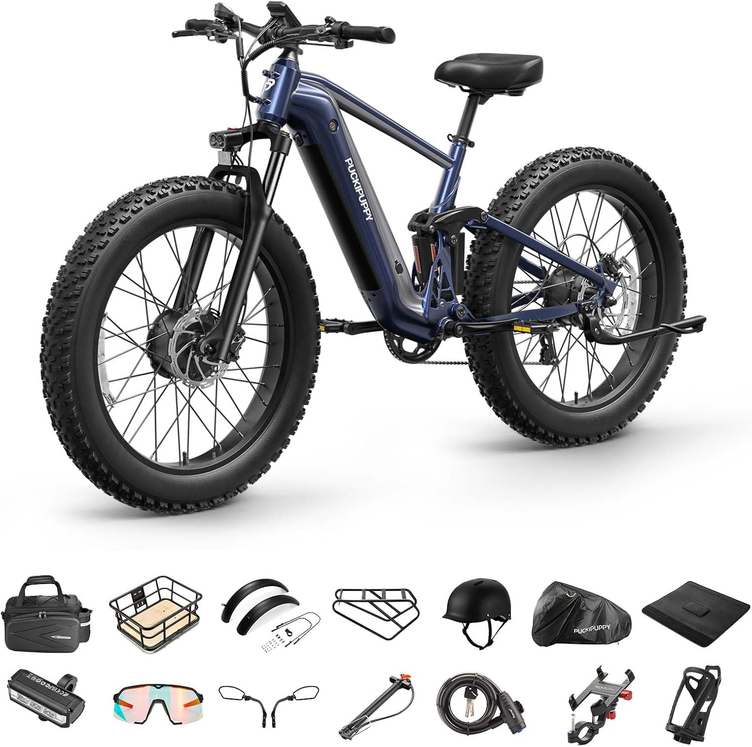 PUCKIPUPPY Dual Motor Electric Bike for Adults 1600W, 48V 20AH Battery with Torque Sensor, Full Suspension, 26' Fat Tire, 28MPH, 80 Mile Range, 8 Speed Mountain Electric Bicycle Golden Retriever Pro