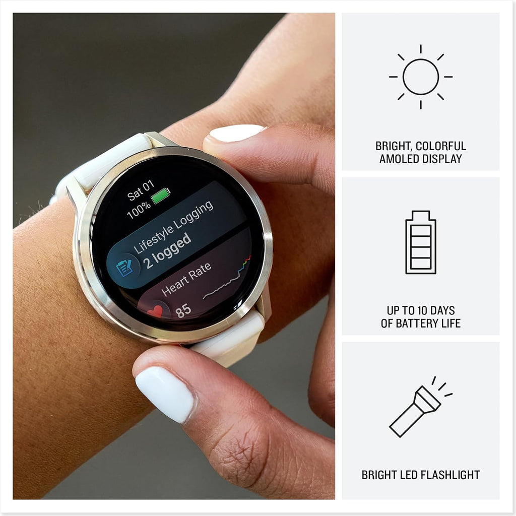Garmin Venu® 4, 41mm, Advanced Health and Fitness GPS Smartwatch, Bright and Colorful Display, Built-in Flashlight, 10 Days of Battery Life, Lunar Gold with Bone Silicone Band