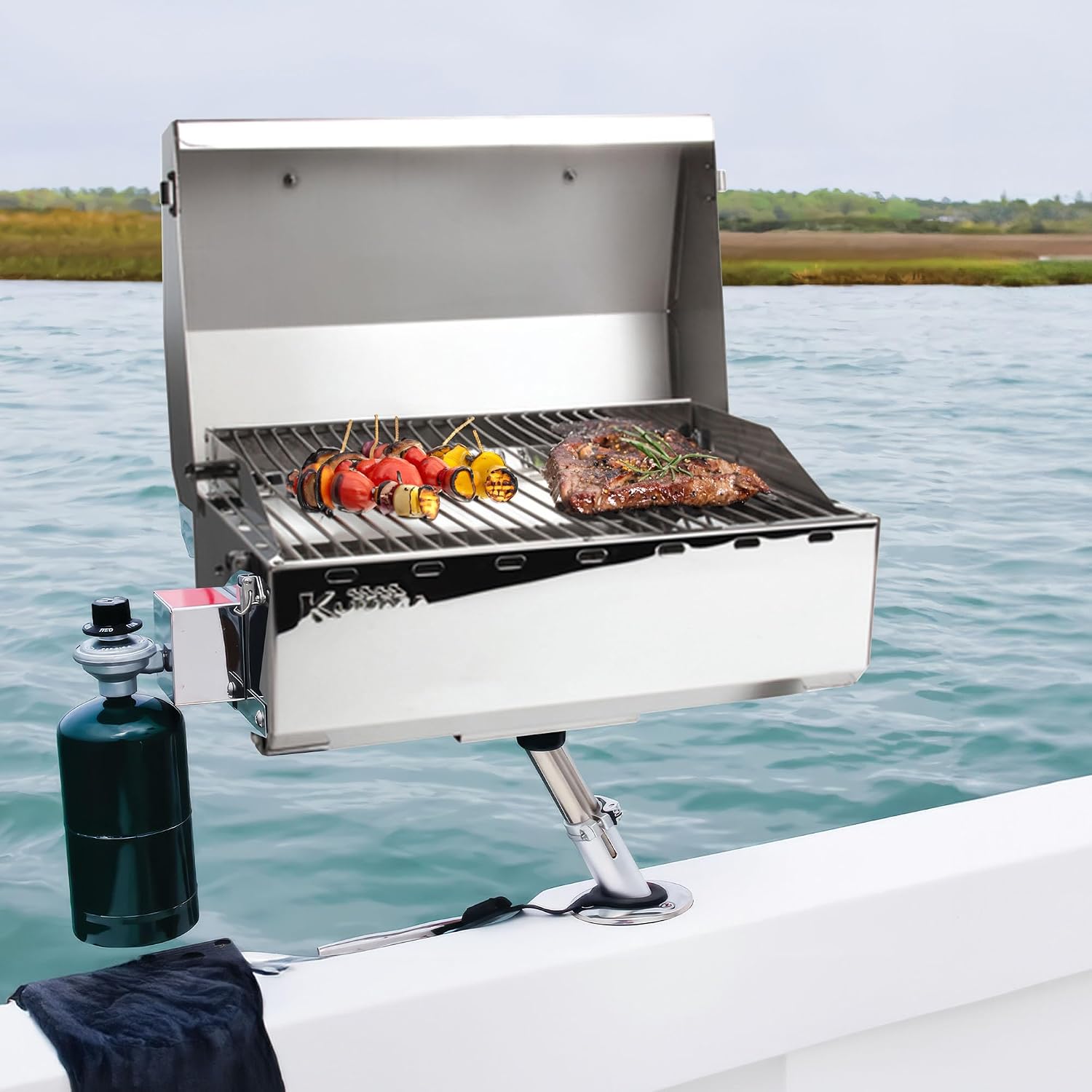 Camco Kuuma Premium Stainless Steel Mountable Gas Grill w/Regulator -Compact Portable Size Perfect for Boats, Tailgating and More - Stow N Go 125' (58140)