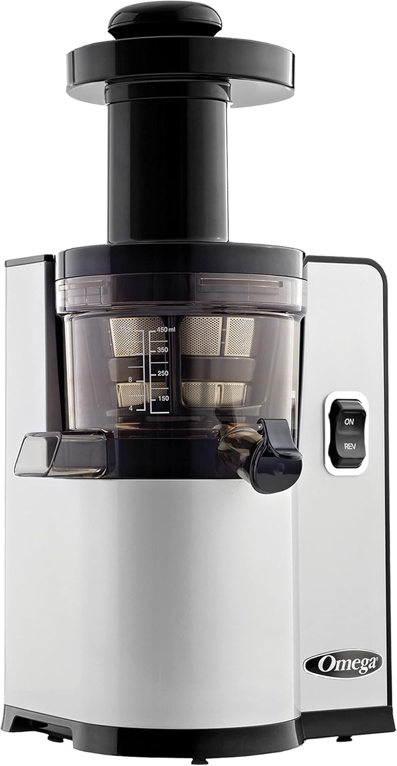 Omega Juicer Cold Press Vertical 43 RPM Slow Masticating Compact Juice Extractor for Fruits and Vegetables Quiet Operation with 3 Stage Auger Automatic Pulp Ejection and No-Drip Tap, 150-Watts, Silver