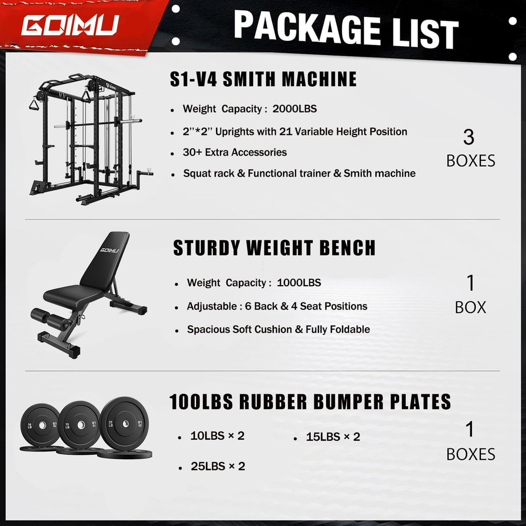 S1-V4 Smith Machine, 2000LBS Power Cage with Cable Crossover System, All-in-One Squat Rack with Smith Bar, Strength Training Equipment for Hone Gym
