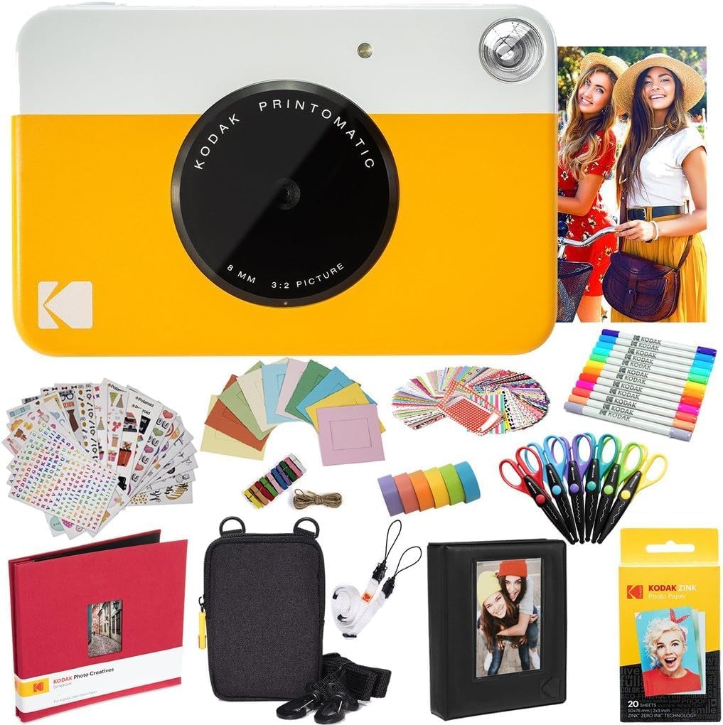 Kodak Printomatic Instant Camera (Yellow) All-in-Bundle + Zink Paper (20 Sheets) + Deluxe Case + Photo Album + 7 Sticker Sets + Markers + Scissors and More