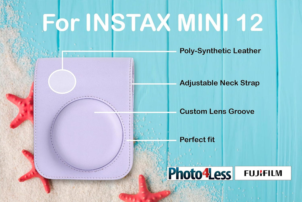 Fujifilm Instax Mini 12 Instant Film Camera Lilac Purple, Fujifilm Instax Mini Twin Pack Instant Film 20 Sheets, Case, Accessory Bundle