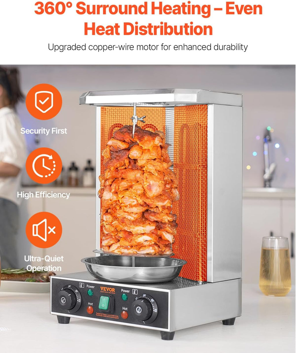 VEVOR Shawarma Grill Machine, 122°F-572°F, 13lbs Capacity, Chicken Shawarma Cooker Machine with 2 Burners, Stainless Steel, Electric Vertical Broiler Gyro Rotisserie Oven for Home and Commercial Use
