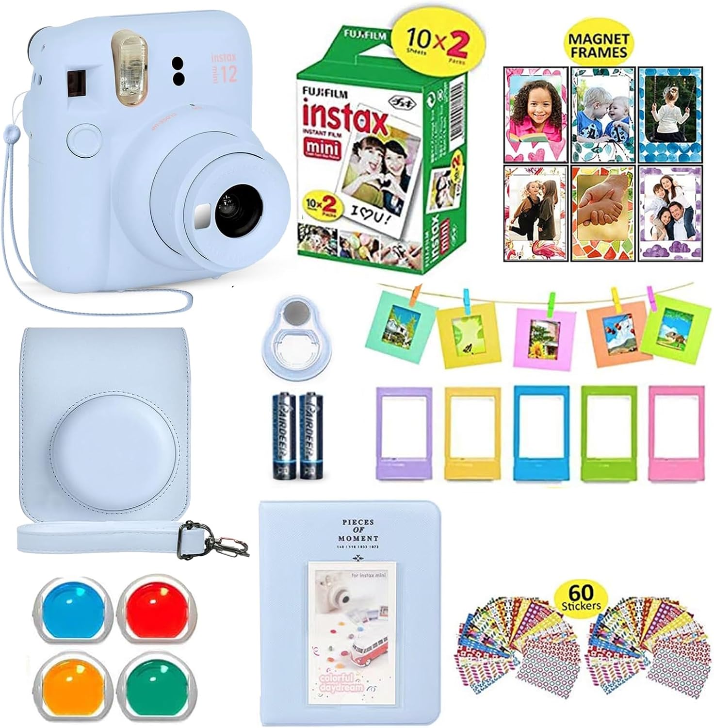 Fujifilm Instax Mini 12 Instant Camera Pastel Blue + Shutter Compatible Carrying Case + Fuji Film Value Pack (20 Sheets) + Shutter Accessories Bundle, Color Filters, Photo Album, Assorted Frames.