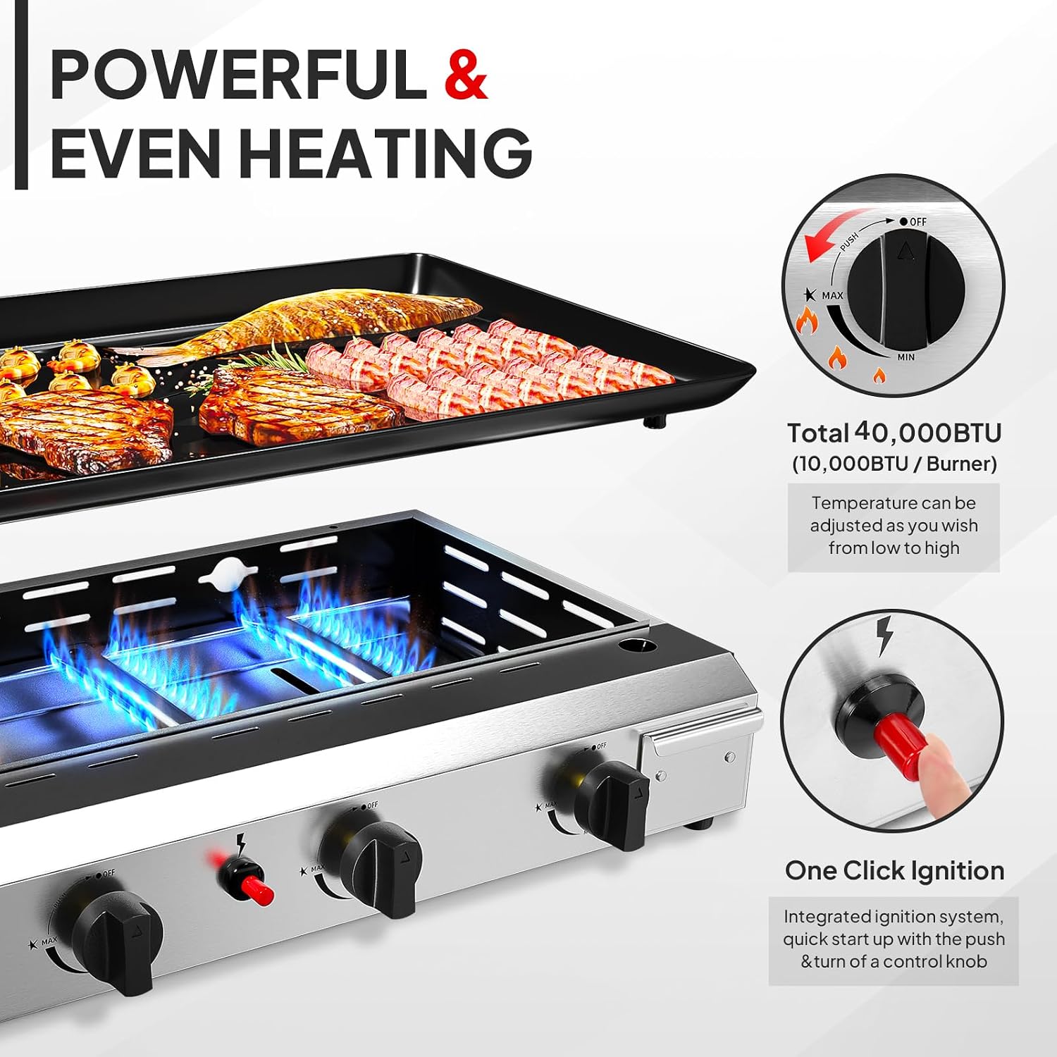 ROVSUN 4 Burner Portable Propane Griddle with Electronic Ignition & Regulator, 40,000 BTU Tabletop Flat Top Gas Grill with Nonstick Enameled Tray for Outdoor Cooking Camping BBQ Tailgating