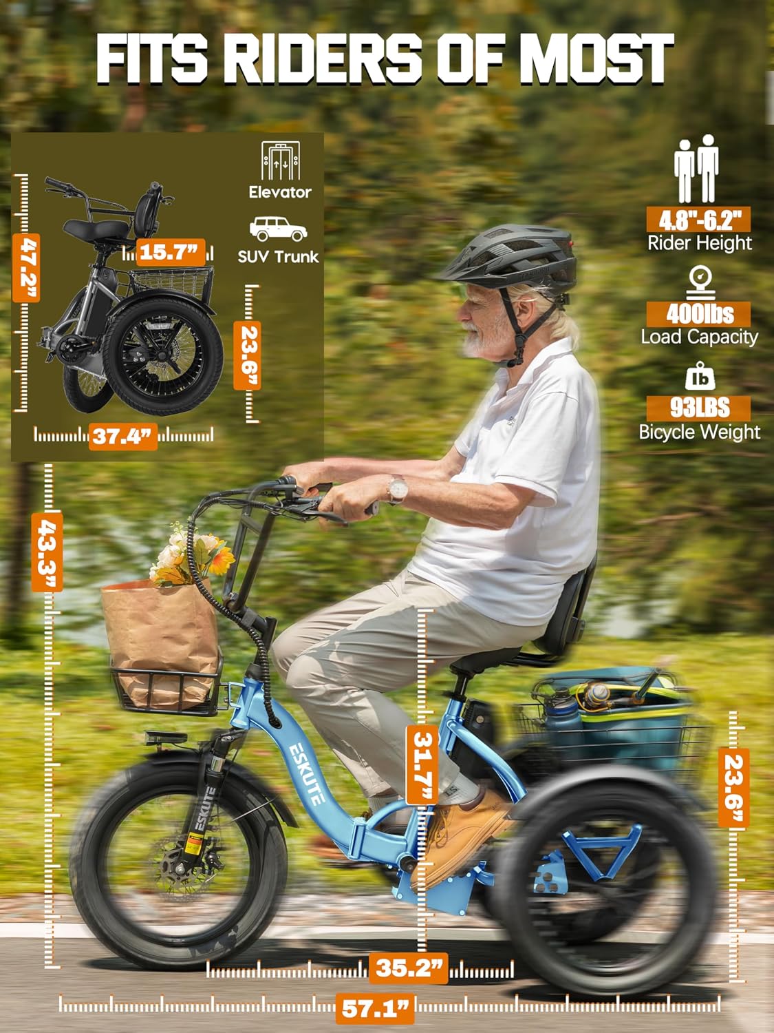 ESKUTE E Trike Electric Bike, Peak 1200W Brushless Motor Folding Trike 18X3.0 Fat Tire Ebike, 624Wh Removable Battery, Step-Thru 3 Wheel Electric Bicycle, Up to 55 Miles, 18MPH+ Tricycle for Adults