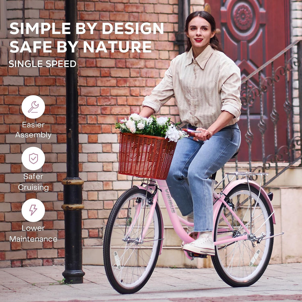 VIRIBUS Beach Cruiser Bike for Women, Single Speed Womens Bike with Basket & Rack 24 26 inch, Retro Step Through Cruiser Bicycle for Petite Short Women Female Ladies City Commuter, 330 lb.