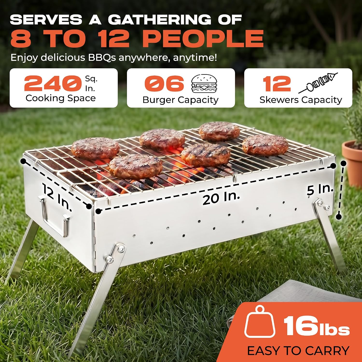 TSG Portable Stainless Steel Mangal Charcoal Grill For Shish Kebab, Steaks, Burgers | 20X12Inch| Includes 6 Skewers, 2 Tongs & Carry Bag | Foldable & Rustproof for Outdoor Cooking | Serves 8-12 People