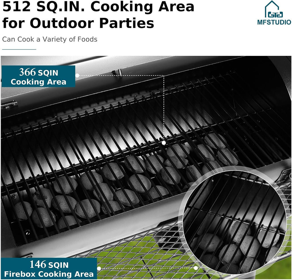 MFSTUDIO Heavy Duty Charcoal Wood Offset Outdoor Smoker Grill, Charcoal Grill with Smoker Combo for BBQ Grilling, 512 SQ.IN.