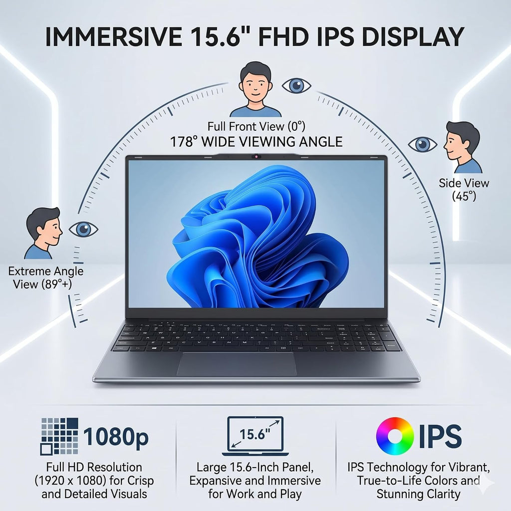 Laptop Computer 15.6 inch, Compatible with Windows 11, Core CPU(Beats Pentium, Celeron), Up to 3.4GHz, 4GB RAM, 128GB SSD, Up to 2TB, 15.6' FHD IPS 1920x1080, for Students, Business