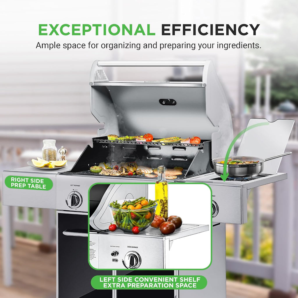 NutriChef Heavy-Duty 5-Burner Propane Gas Grill - Stainless Steel, 52,000 BTU, 4 Main Burners + Side, Electronic Ignition, Built-in Thermometer - NCGRIL2.5