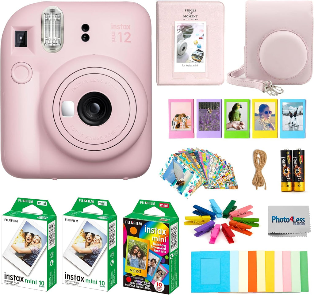 Fujifilm Instax Mini 12 Instant Film Camera, Fuji Instax Mini Film (20 Sheets), Fuji Rainbow Instant Film (10 Sheets), Protective Case, Album, Insax Mini Accessory Bundle (Blossom Pink)