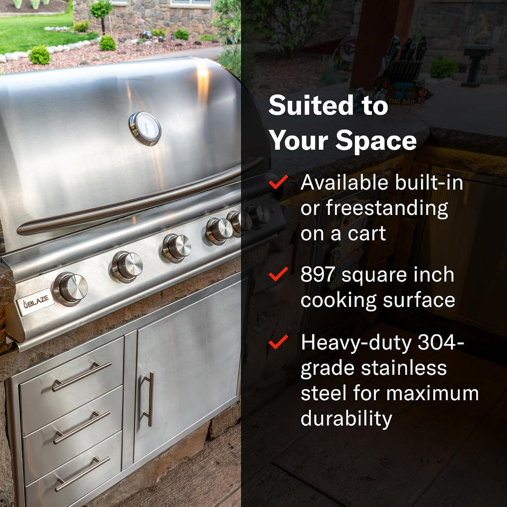 Blaze Premium LTE+ 40-Inch 5-Burner Built-In Propane Gas Grill | Stainless Steel Outdoor BBQ with Rear Infrared Burner, LED Control Knobs & Lift-Assist Hood | BLZ-5LTE3-LP