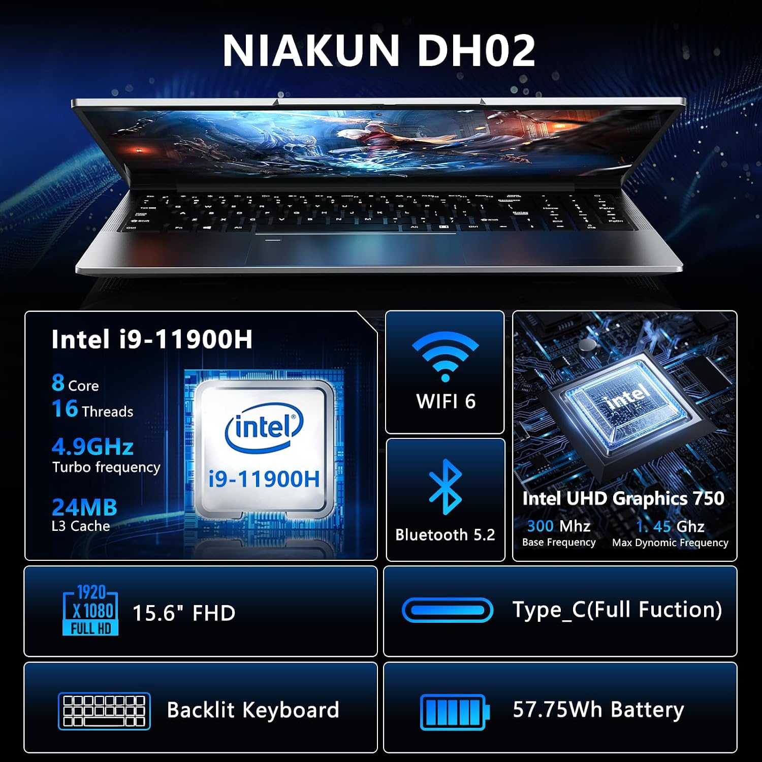 NIAKUN Gaming Laptop, Window 11 Pro Laptop Computer,15.6 Inch Lap Top 2026, 16GB RAM 1TB SSD,i9-11900H 8C/16T Processor(up to 4.9Ghz),UHD Graphics, FHD 1920*1080 Display,WiFi 6,BT5.2,Backlit Keyboard