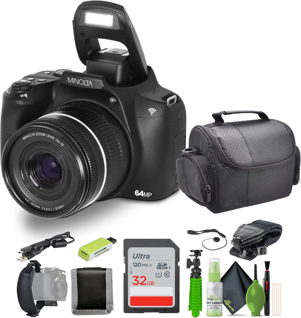 Minolta 64 Mega Pixels Auto Focus Digital Camera with 10x Optical Zoom, 4K Ultra HD Video and Macro Shooting, Bundle with 32 GB Memory Card + Vlogging Tripod + Cleaning kit + More Accessories - Black