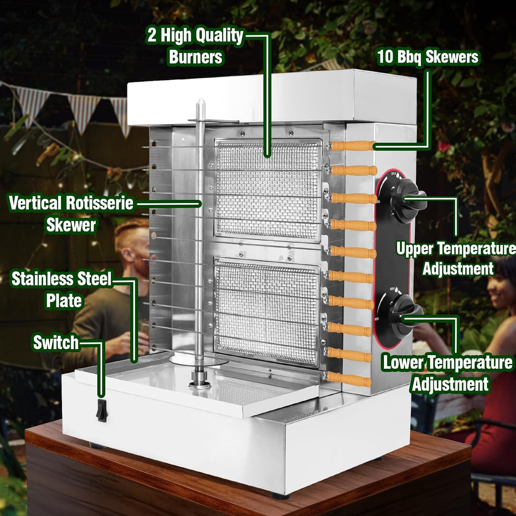 Innovative 2-Burner Shawarma Grill Machine - Professional Rotisserie for Kebabs, Gyros, & Tacos Al Pastor - Includes 10 Premium Stainless Steel Skewers