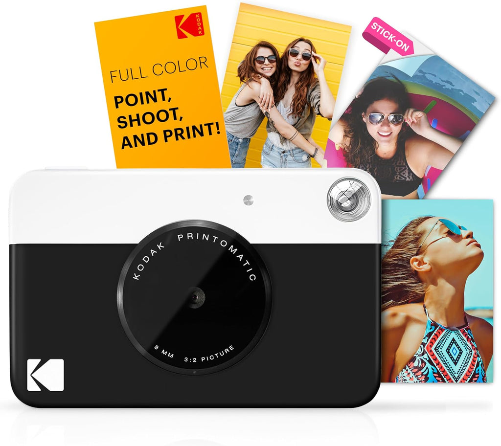 Kodak Printomatic Instant Camera (Black) All-in-Bundle + Zink Paper (20 Sheets) + Deluxe Case + Photo Album + 7 Sticker Sets + Markers + Scissors and More
