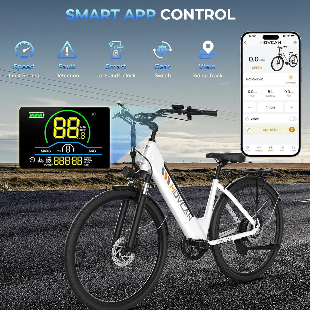 Movcan V80 Electric Bike, 1000W Motor 28MPH 26'' City Cruiser Ebike for Adults, 48V 13Ah Removable Battery Up to 70 Miles, 7-Speed Dual Disc Brake, Mountain E-Bike for Commuting